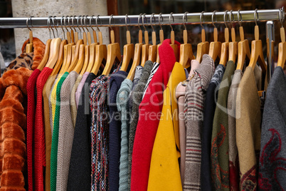 Various autumn and winter clothing is for sale