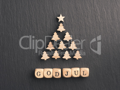 God Jul, Scandinavian Merry Christmas with a Christmas tree shap