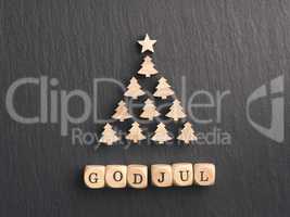 God Jul, Scandinavian Merry Christmas with a Christmas tree shap