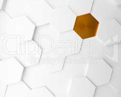 White hexagons with a golden one abstract background