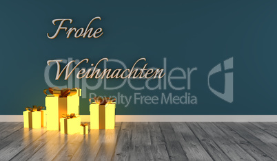German words Merry Christmas with glowing gift boxes