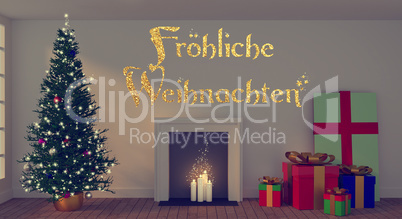 German Merry Christmas with Christmas tree and gift boxes