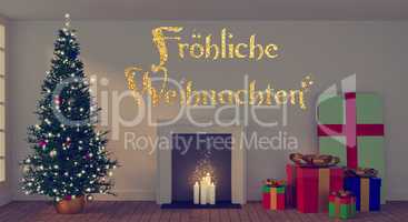 German Merry Christmas with Christmas tree and gift boxes