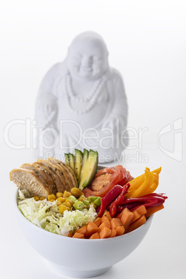 Buddhabowl mit Huhn auf Weiß