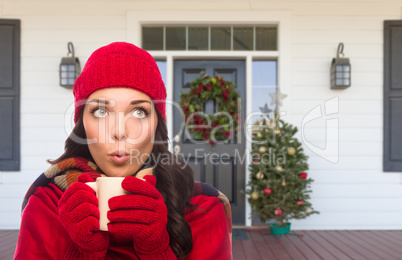 Young Girl Wearing Scarf, Red Cap and Mittens with Hot Cocoa Mug