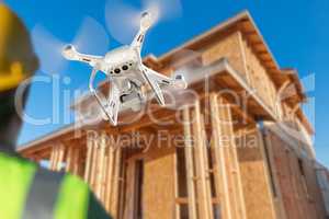 Pilot Flies Drone Quadcopter Inspecting Home Construction Site