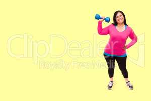 Middle Aged Hispanic Woman In Workout Clothes Holding Dumbbell A