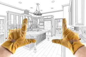 Male Contractor Hands Framing Over Custom Kitchen Design Drawing