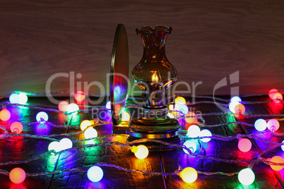 Christmas still life with multi-colored Christmas garlands