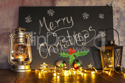 Merry Christmas - Christmas still life with lanterns and a garland