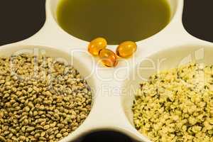 hemp seeds peeled and unpeeled, hemp oil capsules and hemp oil