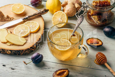 Cup of tea with lemon, honey and ginger