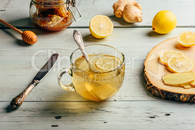 Cup of tea with lemon, honey and ginger