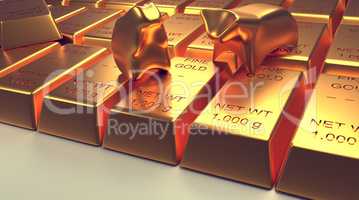 Stacked gold bars with abstract bear and bull