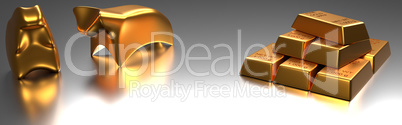 Stacked gold bars with bull and bear