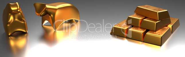 Stacked gold bars with bull and bear