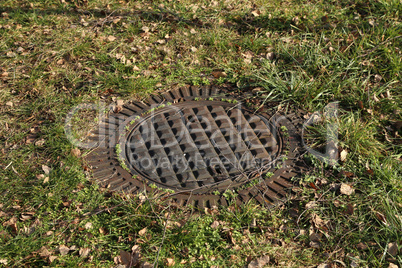 A metal sewer hatch in the grass