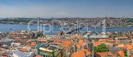 Top panoramic view of Galata bridge in Istambul, Turkey