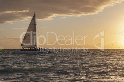 Catamaran on the sea at sunset
