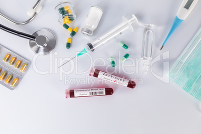 Blood test tube with the Coronavirus disease for virus test
