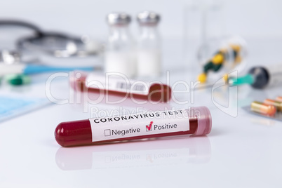 Blood test tube with the Coronavirus disease for virus test and