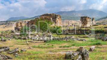 The ruins of the ancient city of Hierapolis in Pamukkale, Turkey