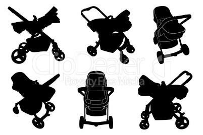 Set of different baby strollers