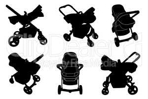 Set of different baby strollers