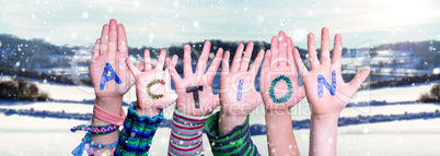 Children Hands Building Word Action, Snowy Winter Background