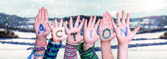 Children Hands Building Word Action, Snowy Winter Background