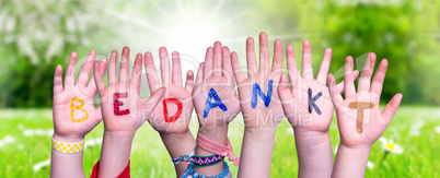 Children Hands Building Word Bedankt Means Thank You, Grass Meadow