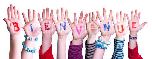 Children Hands Building Word Bienvenue Means Welcome, Isolated Background