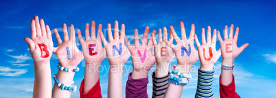 Children Hands Building Word Bienvenue Means Welcome, Blue Sky