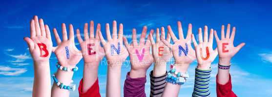 Children Hands Building Word Bienvenue Means Welcome, Blue Sky
