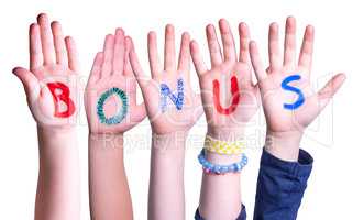 Children Hands Building Word Bonus, Isolated Background