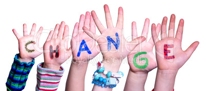Children Hands Building Word Change, Isolated Background