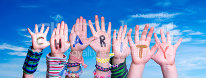 Children Hands Building Word Charity, Blue Sky