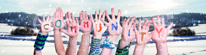 Children Hands Building Word Community, Snowy Winter Background