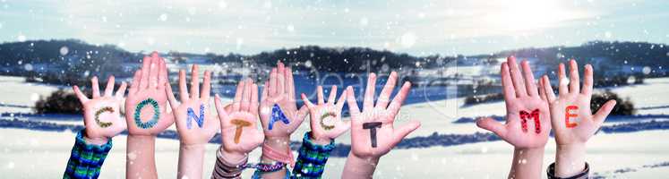 Children Hands Building Word Contact Me, Snowy Winter Background