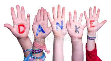 Children Hands Building Word Danke Means Thank You, Isolated Background