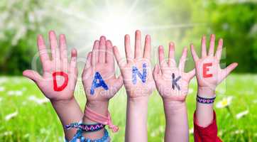 Children Hands Building Word Danke Means Thank You, Grass Meadow