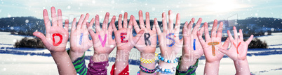 Children Hands Building Word Diversity, Snowy Winter Background