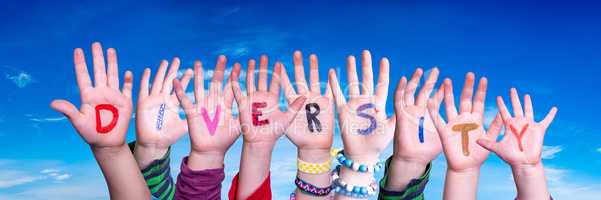 Children Hands Building Word Diversity, Blue Sky