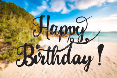 Sandy Beach, Sardinia, Beautiful Landscape, Text Happy Birthday