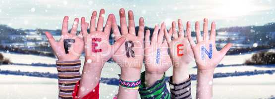 Children Hands Building Word Ferien Means Holidays, Winter Scenery