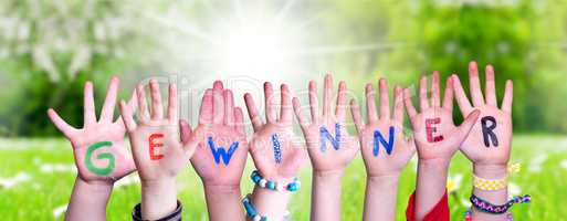 Children Hands Building Word Gewinner Means Winner, Grass Meadow