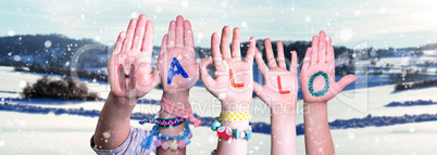 Children Hands Building Word Hallo Means Hello, Snowy Winter Background