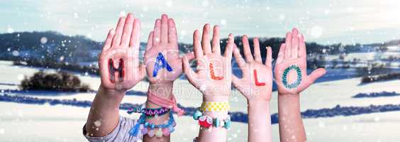 Children Hands Building Word Hallo Means Hello, Snowy Winter Background