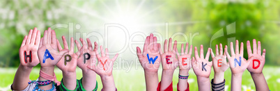 Children Hands Building Word Happy Weekend, Grass Meadow