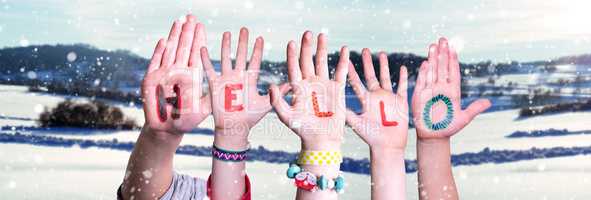 Children Hands Building Word Hello, Snowy Winter Background